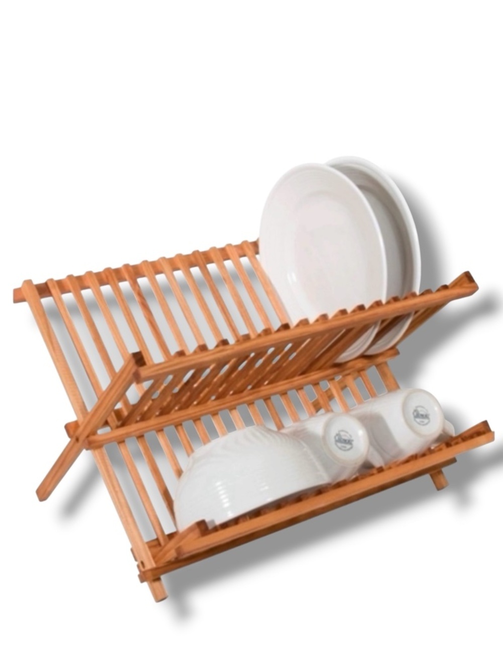 Dish Drying Rack 2 Tier Wood Folding Kitchen Storage Natural Brown Pine